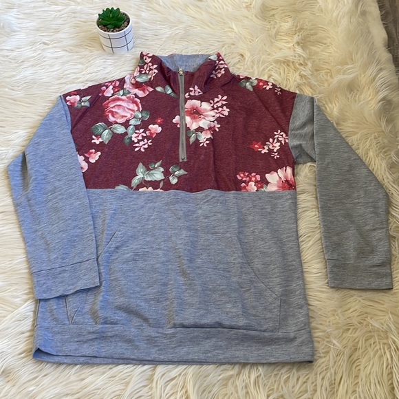 AlvaQ Sweatshirt Casual Long Sleeve Quarter Zip Color Block Floral Pullover S - Picture 5 of 16